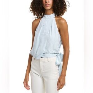 BCBGMazaria halter neck sleeveless over draped side tie blouse in blue